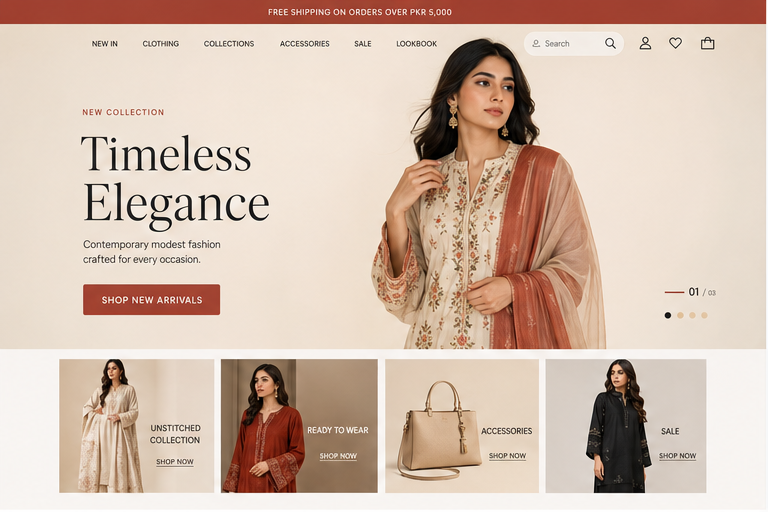 Premium Pakistani fashion ecommerce website with product categories